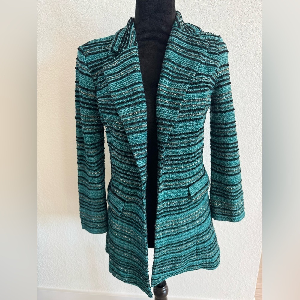 MING WANG SAPPHIRE Open Front Shoulder Pads Teal Metallic Blazer Size XS VGUC
